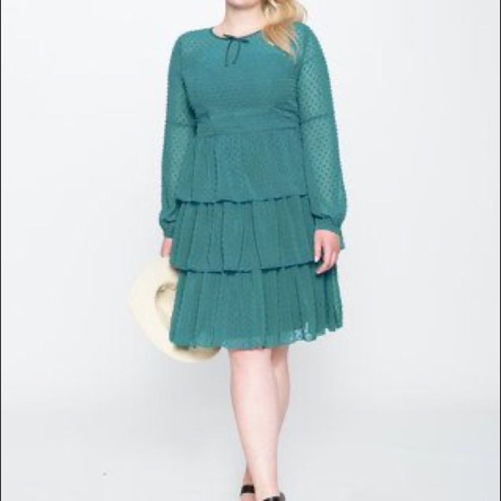 Eloquii Tiered Dot Texture Long Sleeve Teal Dress